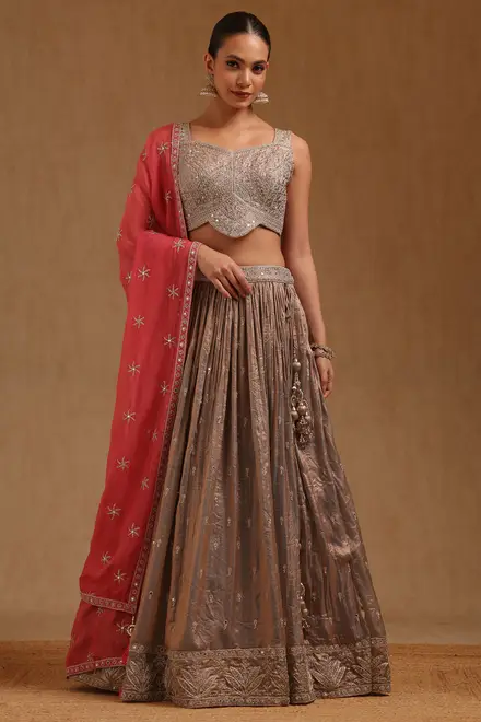 Grey Fendi Embroidered Lehenga With Mirror And Pearl
